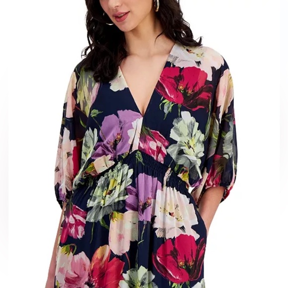 NWT Taylor Plus Size V-Neck Chiffon Elbow-Sleeve Maxi Dress Navy Lilac size 20W - Picture 5 of 12